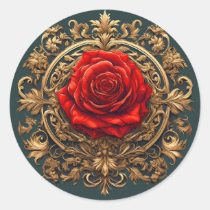 Ornate Red Rose Gold Baroque Rose Emblem Classic Round Sticker