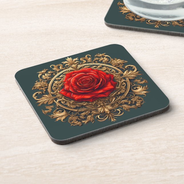 Ornate Red Rose With Gold Baroque Frame Coaster (Left Side)
