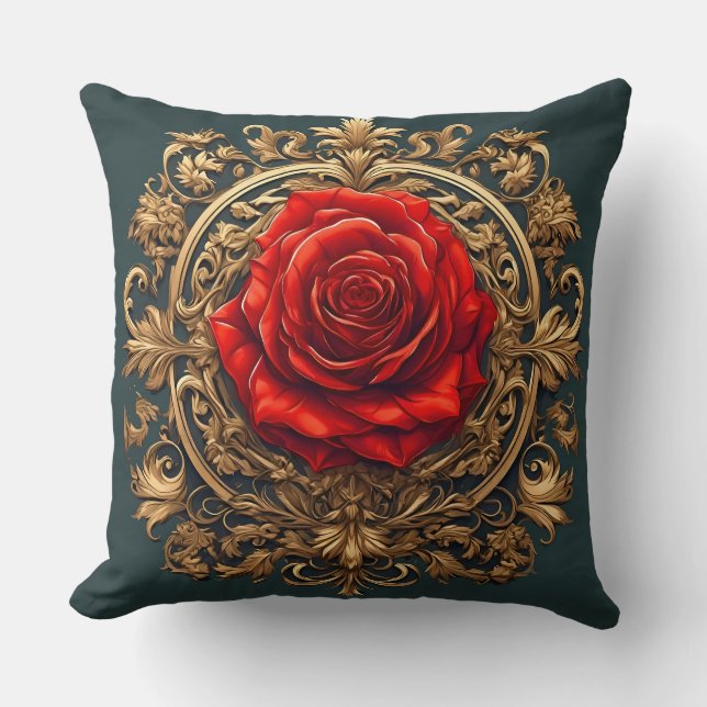 Ornate Red Rose With Gold Baroque Frame Cushion (Front)