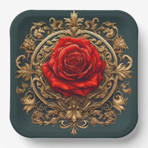 Ornate Red Rose With Gold Baroque Frame Paper Plate