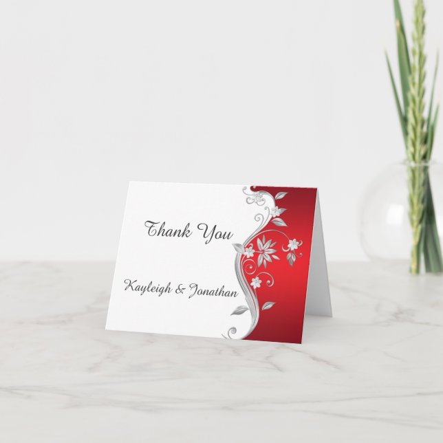Ornate Red Silver White Floral Thank You Card (Front)