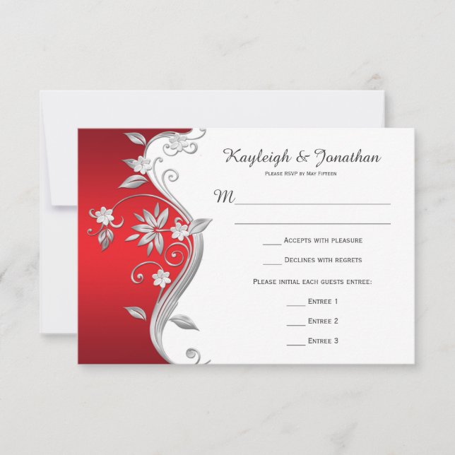 Ornate Red White Silver Flowers RSVP Card (Front)