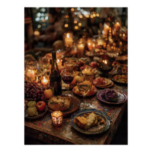 Ornate Red Wine Banquet Table Poster