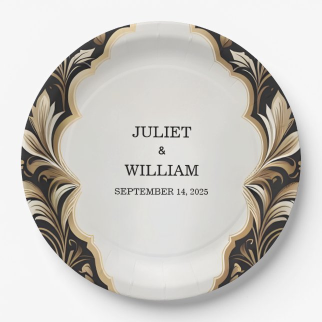 Ornate Retro Arabic Exotic Bold Damask Wedding Paper Plate (Front)