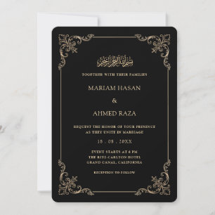 Ornate Rococo Frame Gold Black Muslim Wedding Invitation