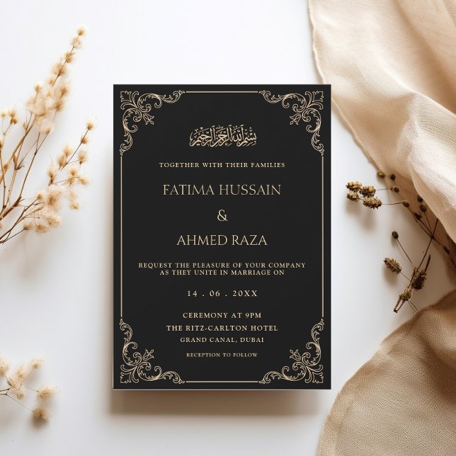 Ornate Rococo Frame Gold Black Muslim Wedding Invitation (Creator Uploaded)