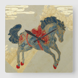 Ornate Royal Blue Horse Square Wall Clock