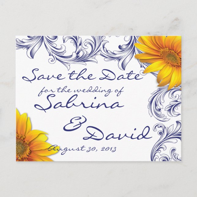 Ornate Royal Blue Yellow Sunflower Save the Date Announcement Postcard (Front)