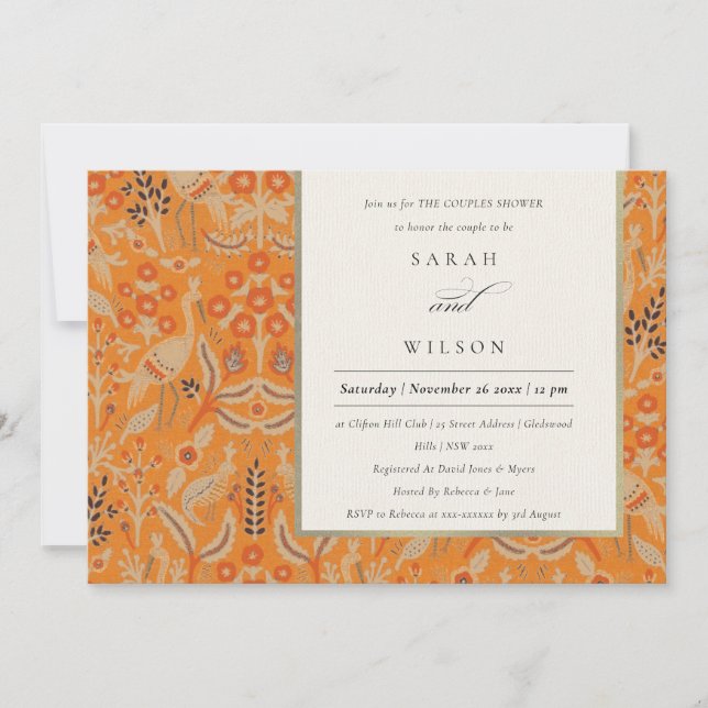 Ornate Rust Floral Peacock Couples Shower Invite (Front)