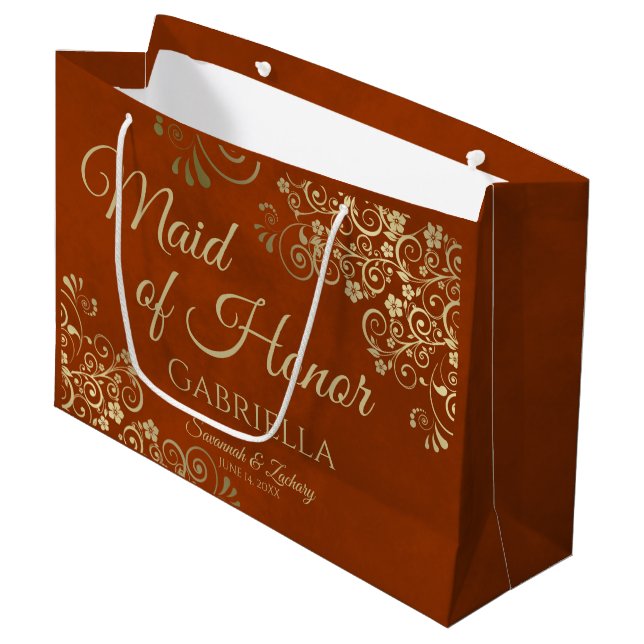 Ornate Rust Orange & Gold Maid of Honour Wedding Large Gift Bag (Front Angled)