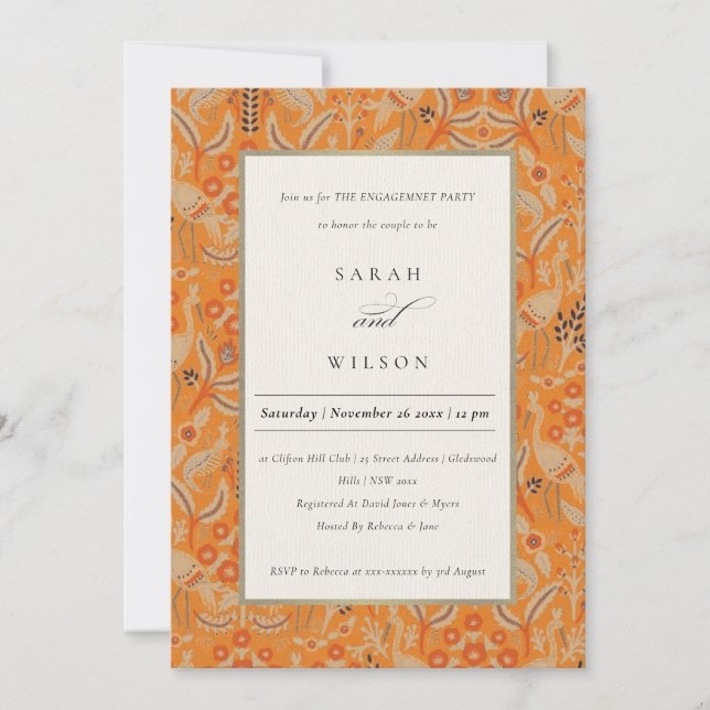 Ornate Rust Red Floral Peacock Engagement Invite (Front)