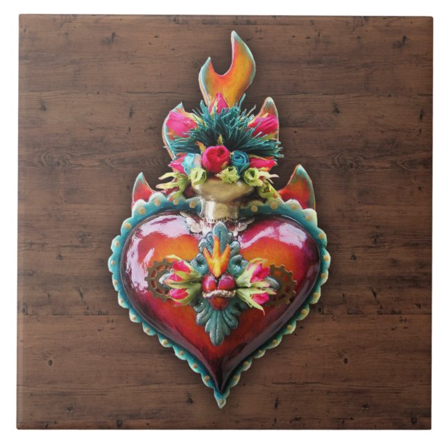 Ornate Sacred Flaming Heart Wall Plaque Tile (Front)