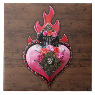 Ornate Sacred Flaming Heart Wall Plaque Tile