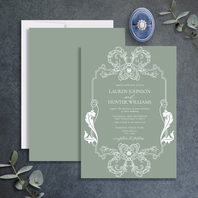 Ornate Sage Green Floral Line Art Monogram Wedding Invitation (Creator Uploaded)