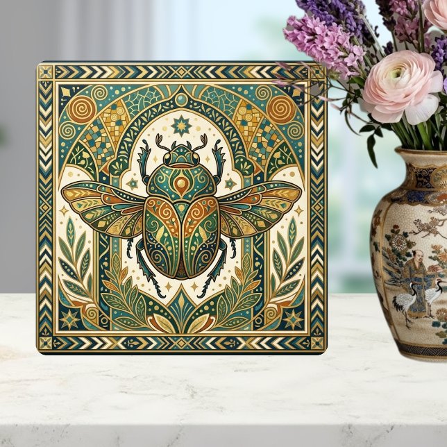 Ornate Scarab Beetle Emerald Teal Gold Art Nouveau Tile (Creator Uploaded)