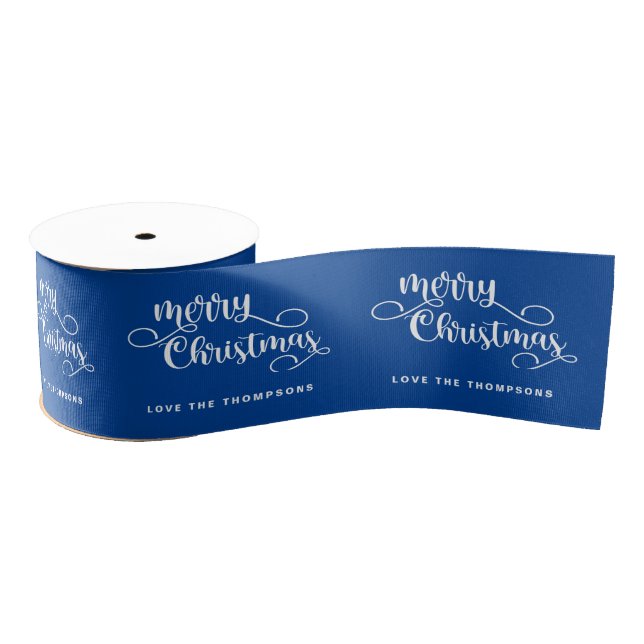 Ornate Script Name White Blue Merry Christmas Grosgrain Ribbon (Spool)