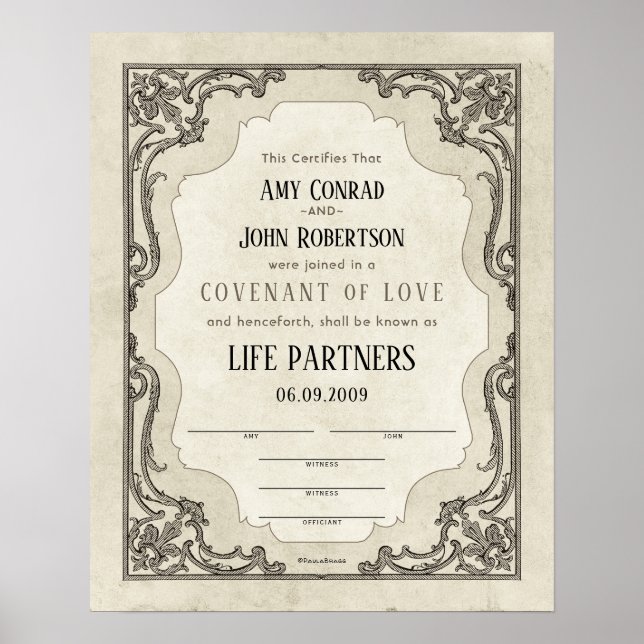Ornate Scroll Border Wedding Certificate Poster (Front)