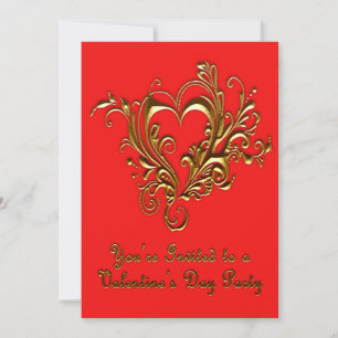 Ornate Scrolled Heart Metallic Gold on Bright Red Invitation