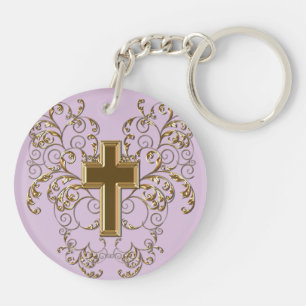 Ornate Scrolls & Cross Keychain, Purple & Gold Key Ring