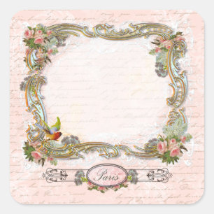 Ornate Scrolls French Writing Pink Roses Square Sticker