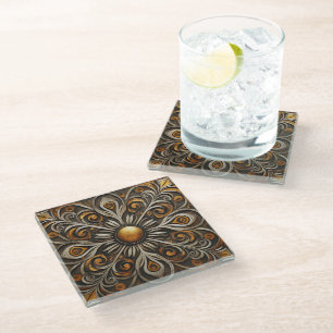 Ornate Scrollwork with Golden Center2 Glass Coaster