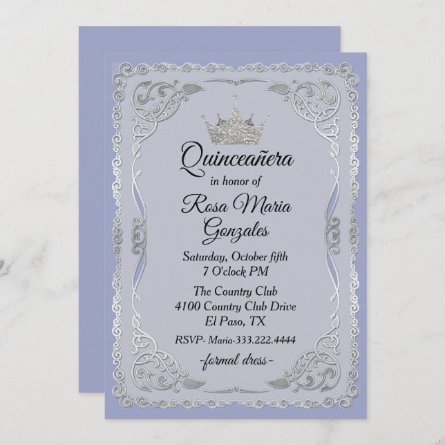 Ornate Silver and Slate Blue Crown Quinceanera Invitation (Front/Back)