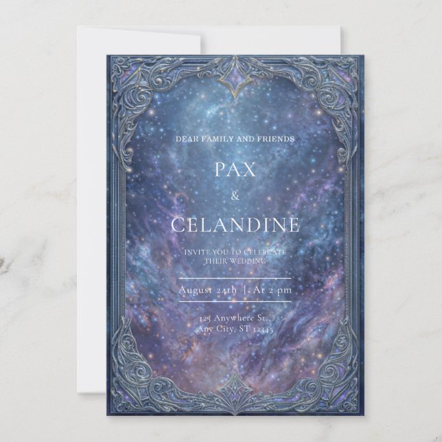 Ornate Silver Celestial Galaxy Frame Wedding Invitation (Front)