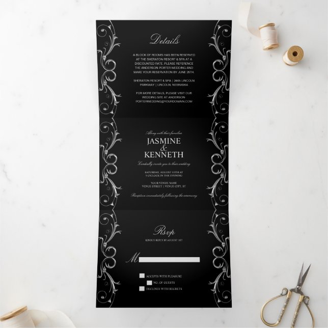 Ornate Silver Floral Swirls on Black Wedding Tri-Fold Invitation (Inside)
