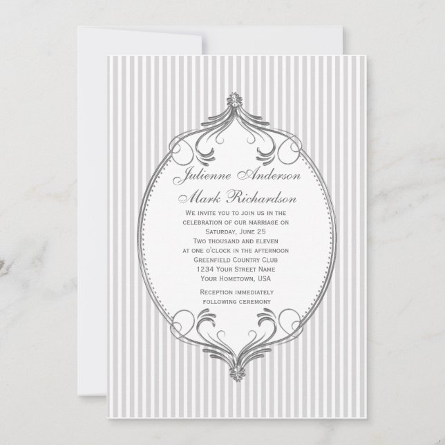 Ornate Silver Frame Light Grey Stripes Wedding Invitation (Front)