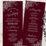 Ornate Silver on Burgundy Simple Elegant Wedding Programme<br><div class="desc">This beautiful wedding program features an elegant design with pale grey text on a burgundy background and lacy silver grey faux foil curls and swirls in the corners. The titles are written in fancy script calligraphy, and there is space for your ceremony and wedding party details, as well as a...</div>