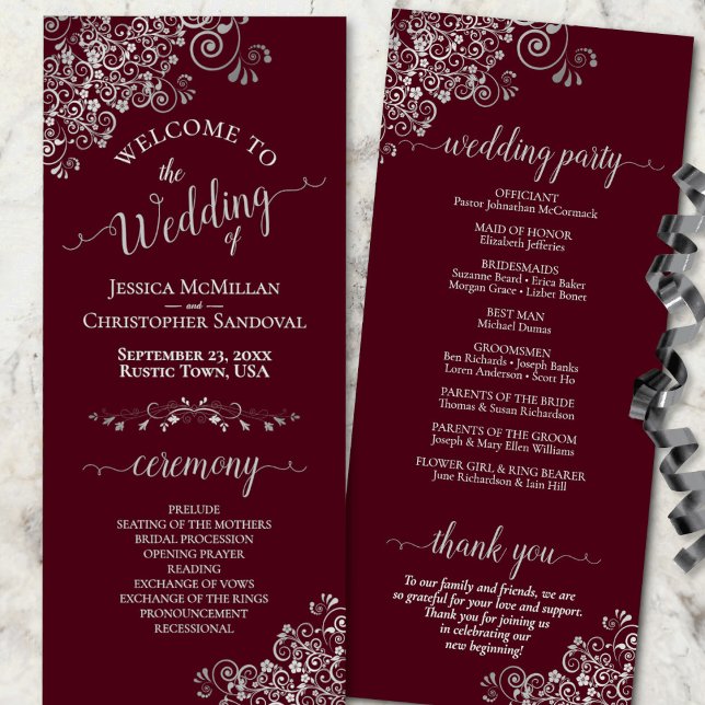 Ornate Silver on Burgundy Simple Elegant Wedding Programme (Front/Back)
