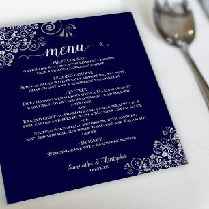 Ornate Silver on Navy Blue Budget Wedding Menu