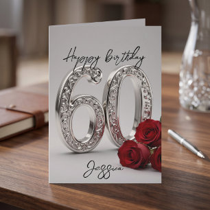 Ornate Silver Red Rose Womens 60th Birthday Card