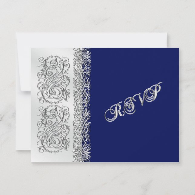 Ornate Silver Scrolls with Navy Reply Card (Front)