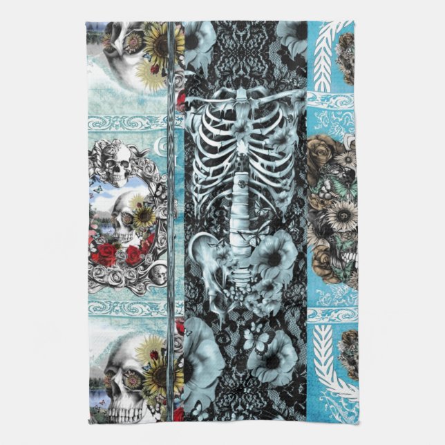 Ornate skull collage tea towel (Vertical)