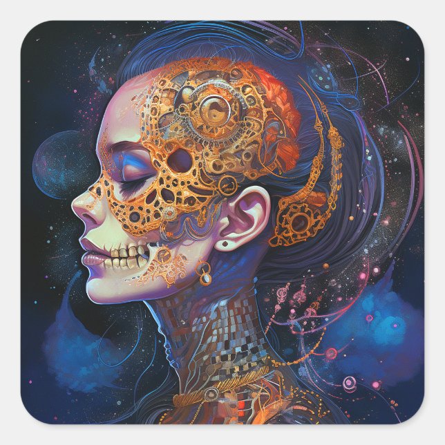 Ornate Skull Woman Surreal Art Square Sticker (Front)