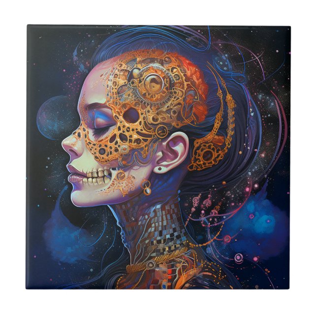 Ornate Skull Woman Surreal Art Tile (Front)