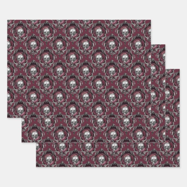 Ornate Skulls and Flowers on Wine Wrapping Paper Sheet (Set)