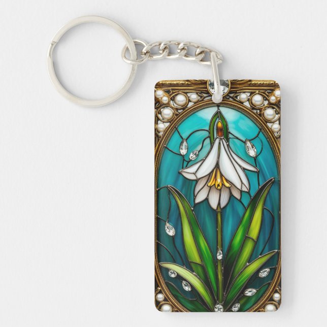 Ornate Stained Glass Panel with White Flower Key Ring (Front)