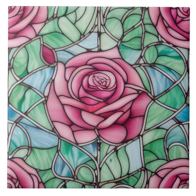 Ornate Stained Glass Style Rose Floral Tile (Front)