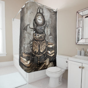 Ornate Steampunk Cauldron   Spellbooks and Clocks Shower Curtain