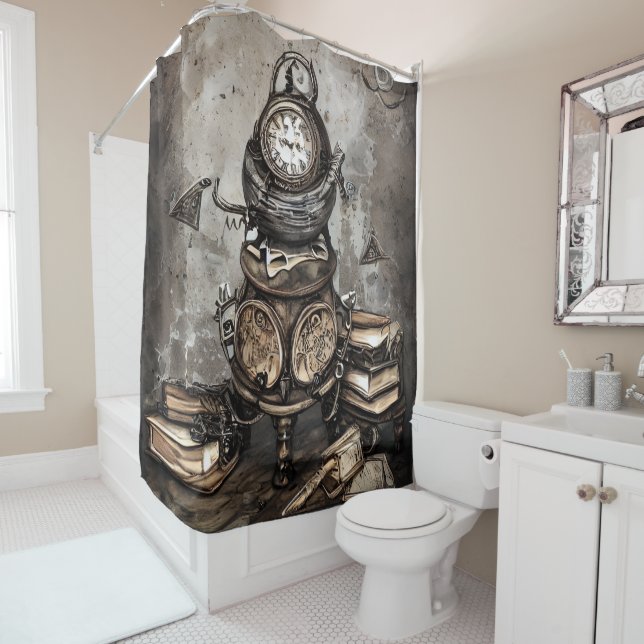 Ornate Steampunk Cauldron | Spellbooks and Clocks Shower Curtain (In Situ)