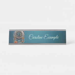 Ornate Steampunk Clock with Roses.  Desk Name Plate