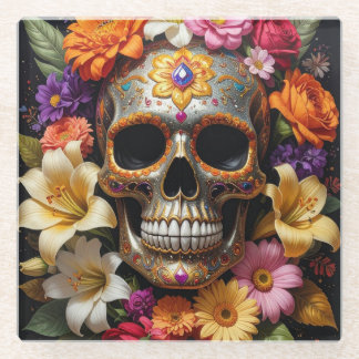 Ornate Sugar Skull Glass Coaster