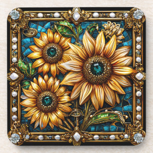 Ornate Sunflower Artwork Framed in Gold Coaster