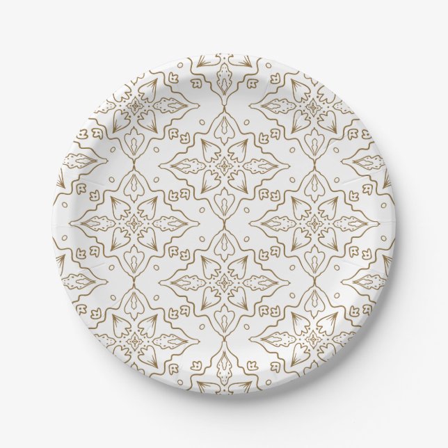 Ornate, symmetrical pattern with floral motifs paper plate (Front)