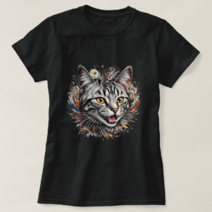 Ornate Tabby Cat Feather Swirl Art T-Shirt