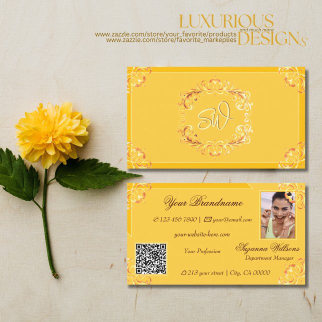 Ornate Tangerine Orange Monogram Photo QR Code Business Card (Creator Uploaded)