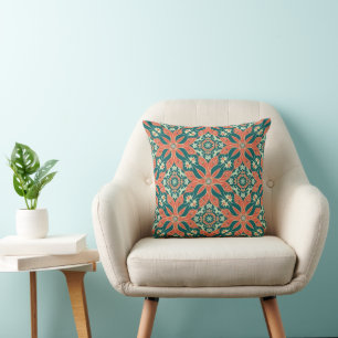 Ornate Teal and Terracotta Boho Mandala Floral Cushion