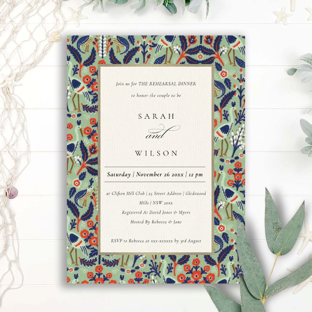 Ornate Teal Floral Bird Rehearsal Dinner Invite (Creator Uploaded)